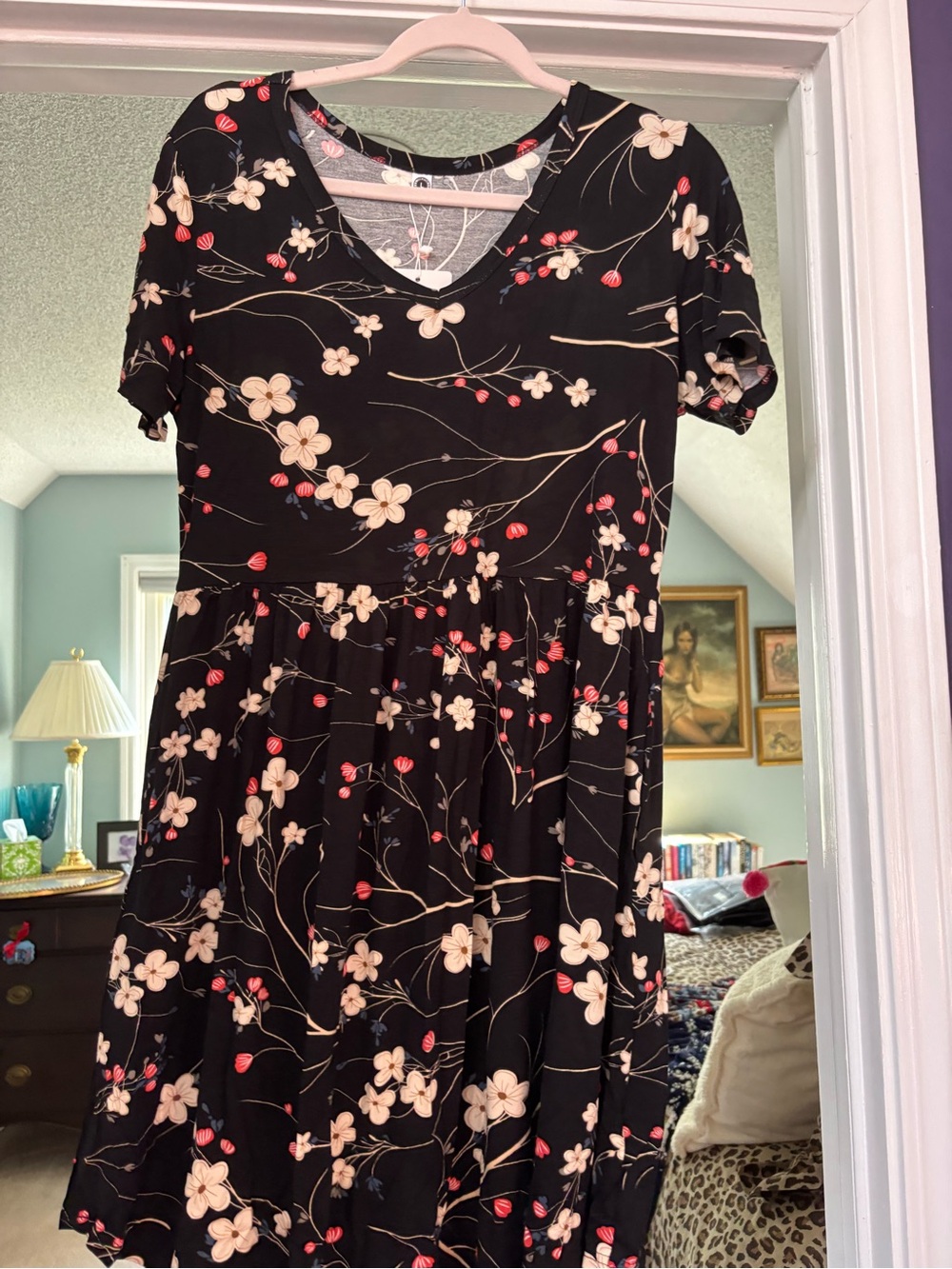 Black Floral V-Neck Mini Dress with Cream Blossoms